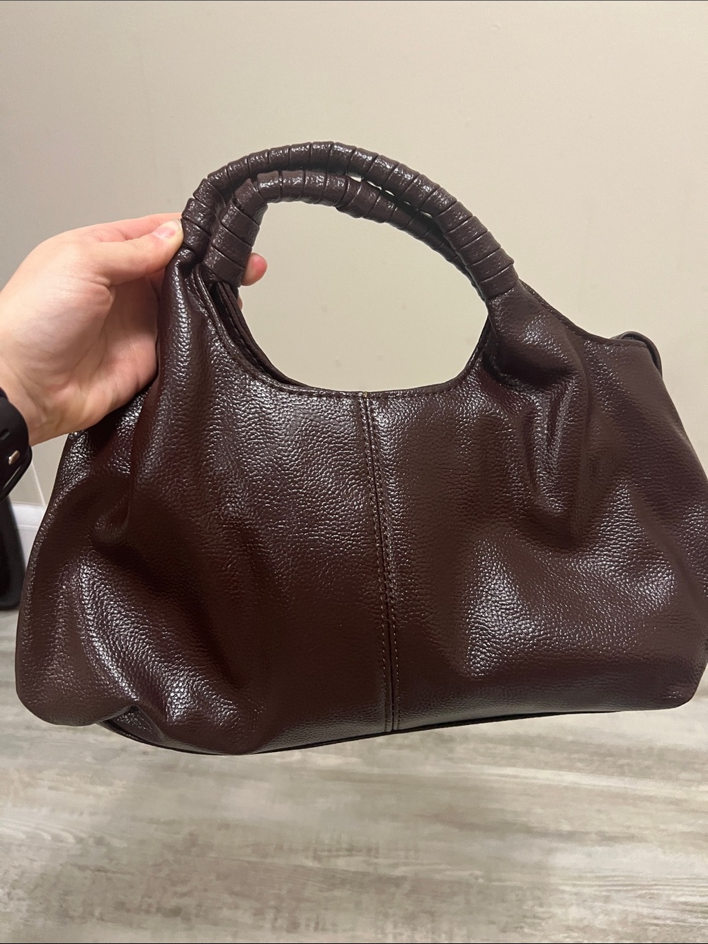 Classic Pebbled Leather Handbag in Dark Brown